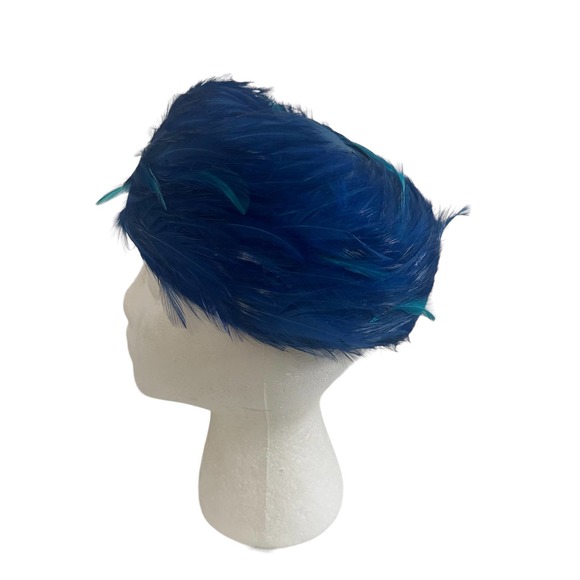 Vintage 1960s Blue Feathered Pill Box Formal Hat - Picture 4 of 5